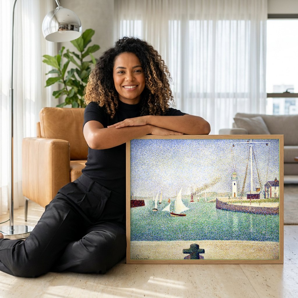 Quadro Decorativo Porto com Barcos - Georges Seurat | modelo apresentando o quadro emoldurado