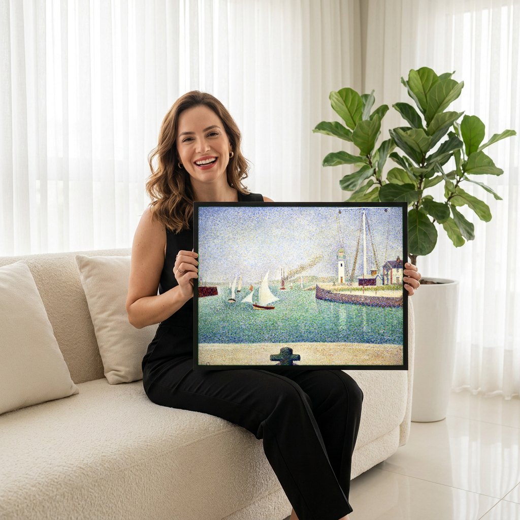 Quadro Decorativo Porto com Barcos - Georges Seurat | modelo apresentando o quadro emoldurado