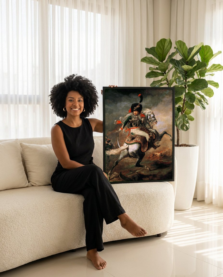 Quadro Decorativo Oficial de Cavalaria - Géricault | modelo apresentando o quadro emoldurado