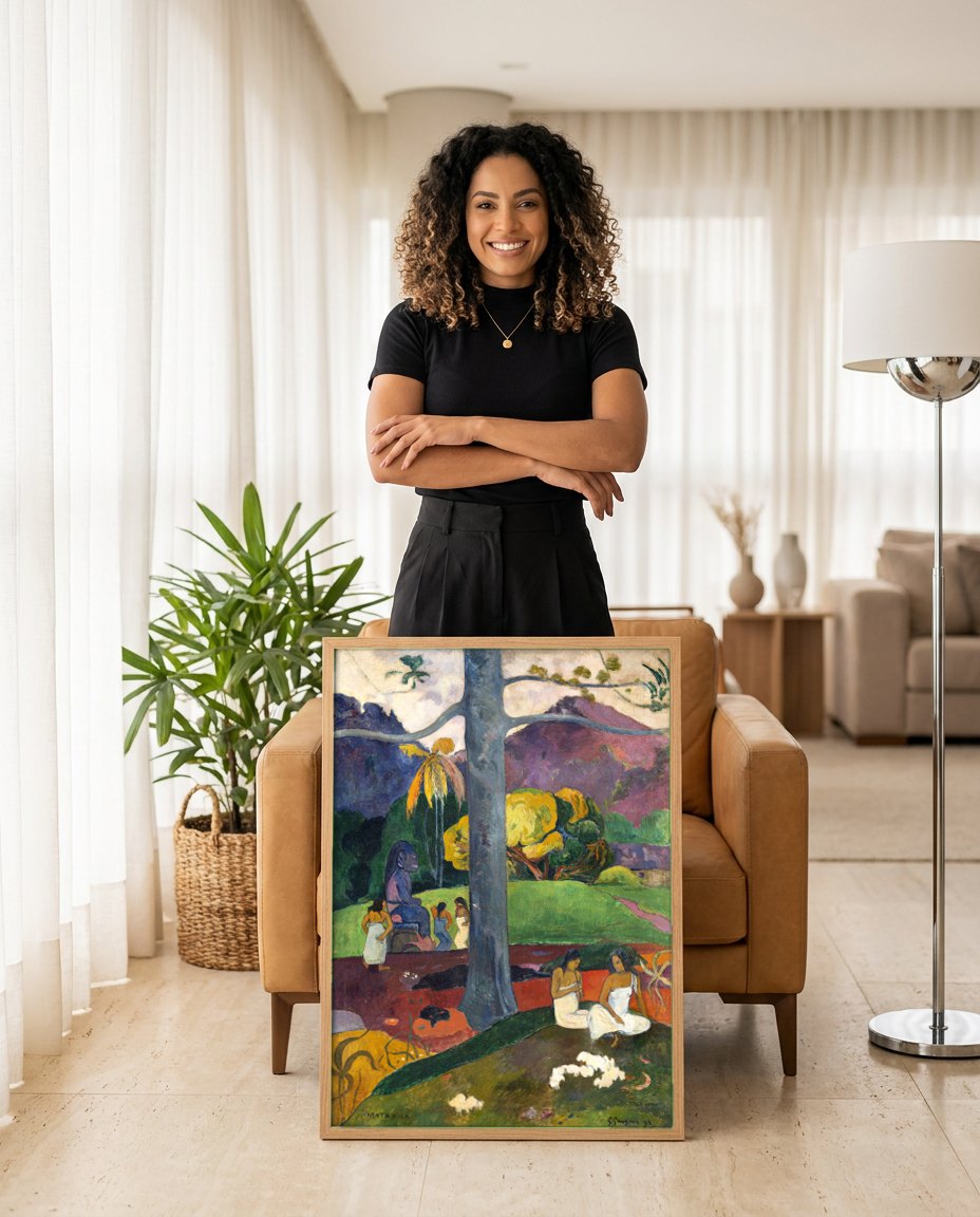 Quadro Decorativo Mata Mua (Era uma vez) - Gauguin | modelo apresentando o quadro emoldurado