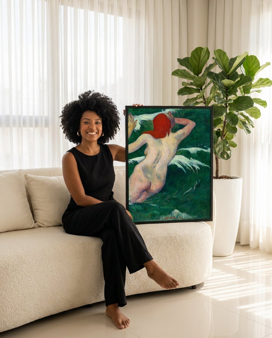Quadro Decorativo A Mulher na Ondas - Gauguin | modelo apresentando o quadro emoldurado