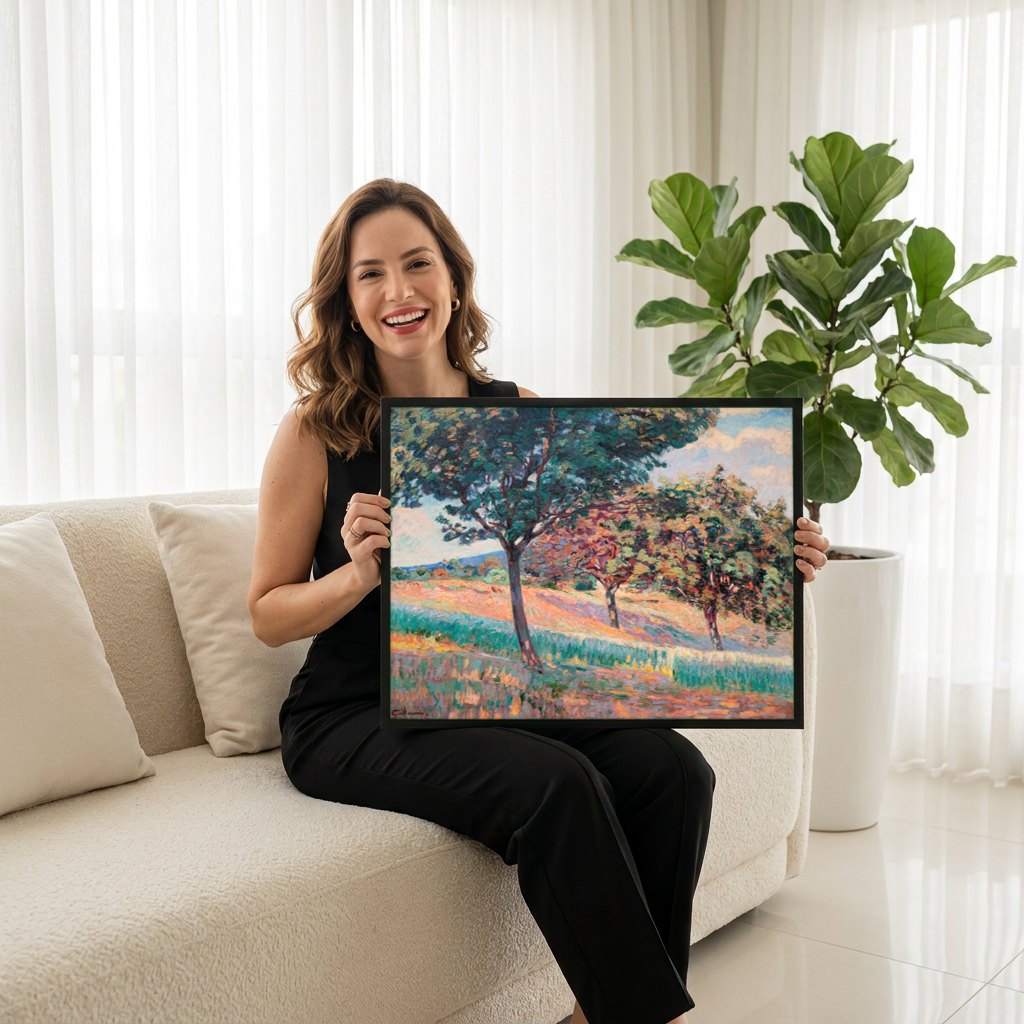 Quadro Decorativo Paisagem com Árvores - Guillaumin | modelo apresentando o quadro emoldurado