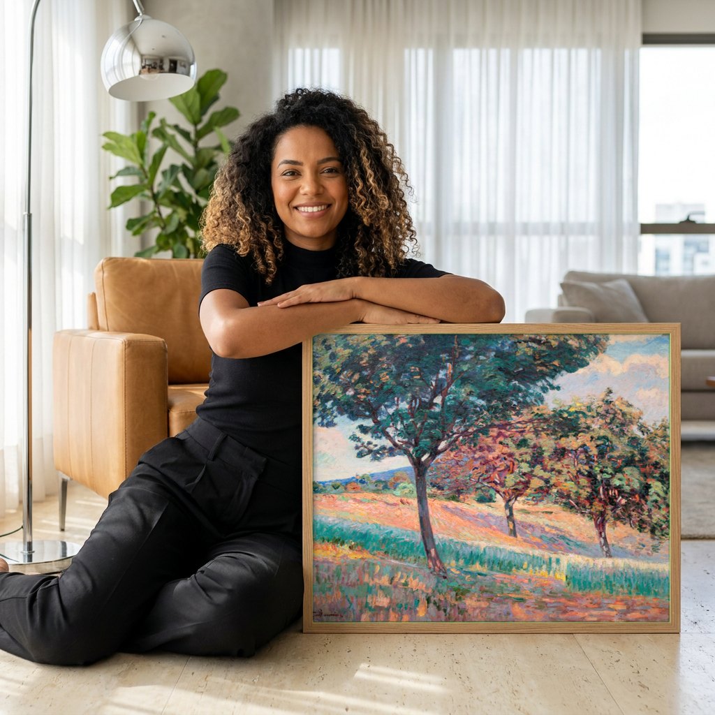 Quadro Decorativo Paisagem com Árvores - Guillaumin | modelo apresentando o quadro emoldurado