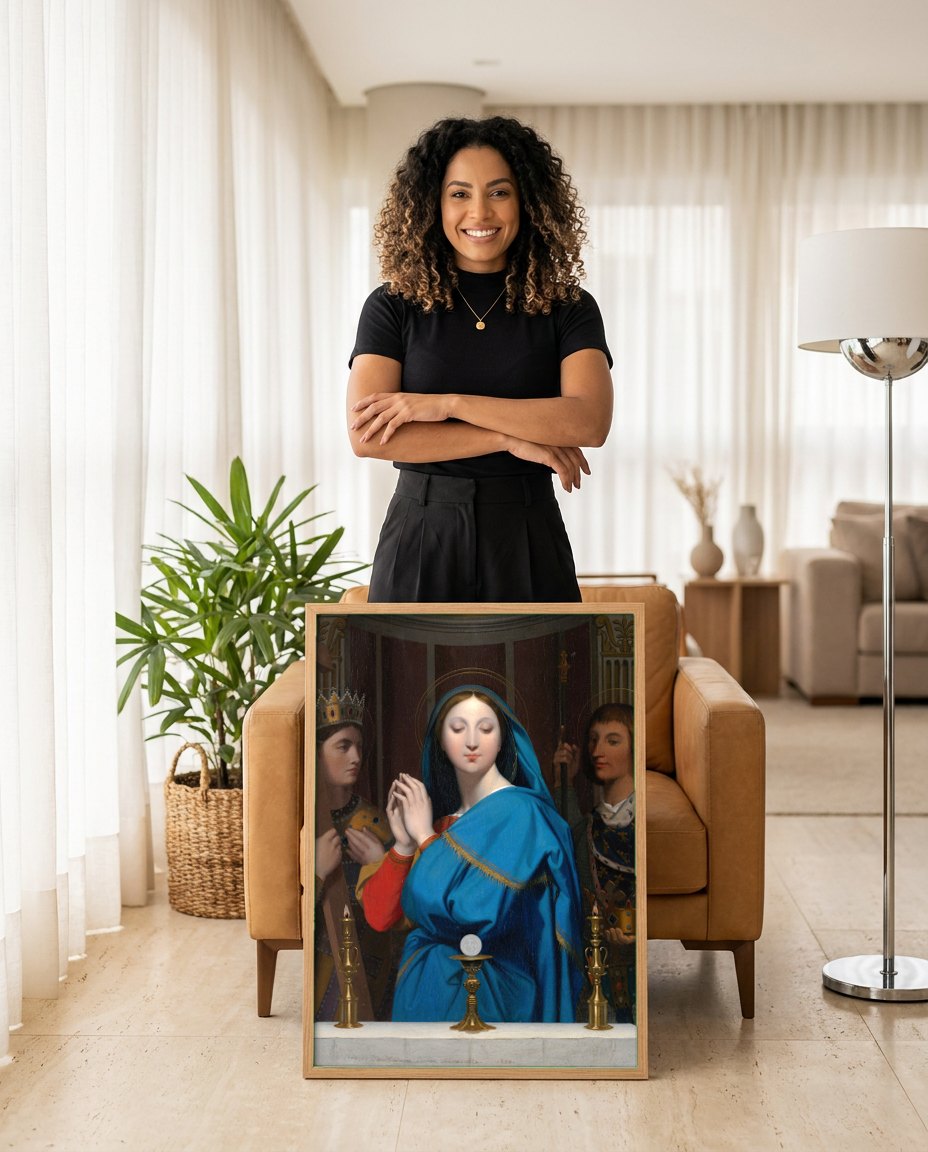 Quadro Decorativo A Virgem da Hóstia - Ingres | modelo apresentando o quadro emoldurado