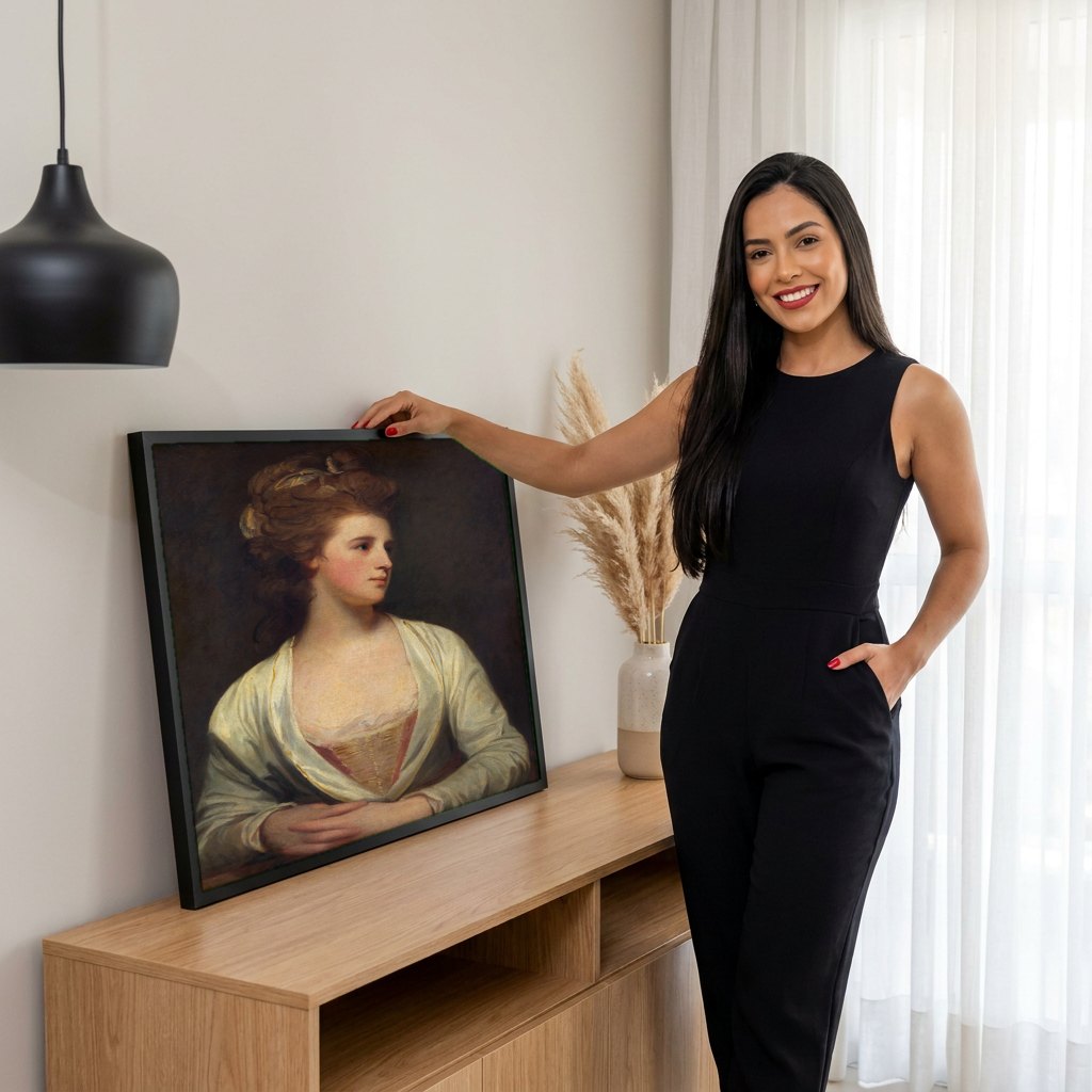 Quadro Decorativo Retrato Feminino - George Romney | modelo apresentando o quadro emoldurado