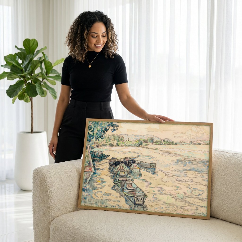 Quadro Decorativo: Barcos no Rio - Paul Signac | modelo apresentando o quadro emoldurado