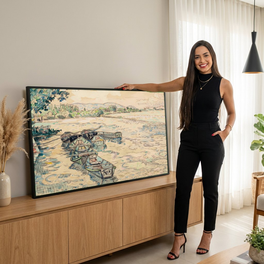 Quadro Decorativo: Barcos no Rio - Paul Signac | modelo apresentando o quadro emoldurado