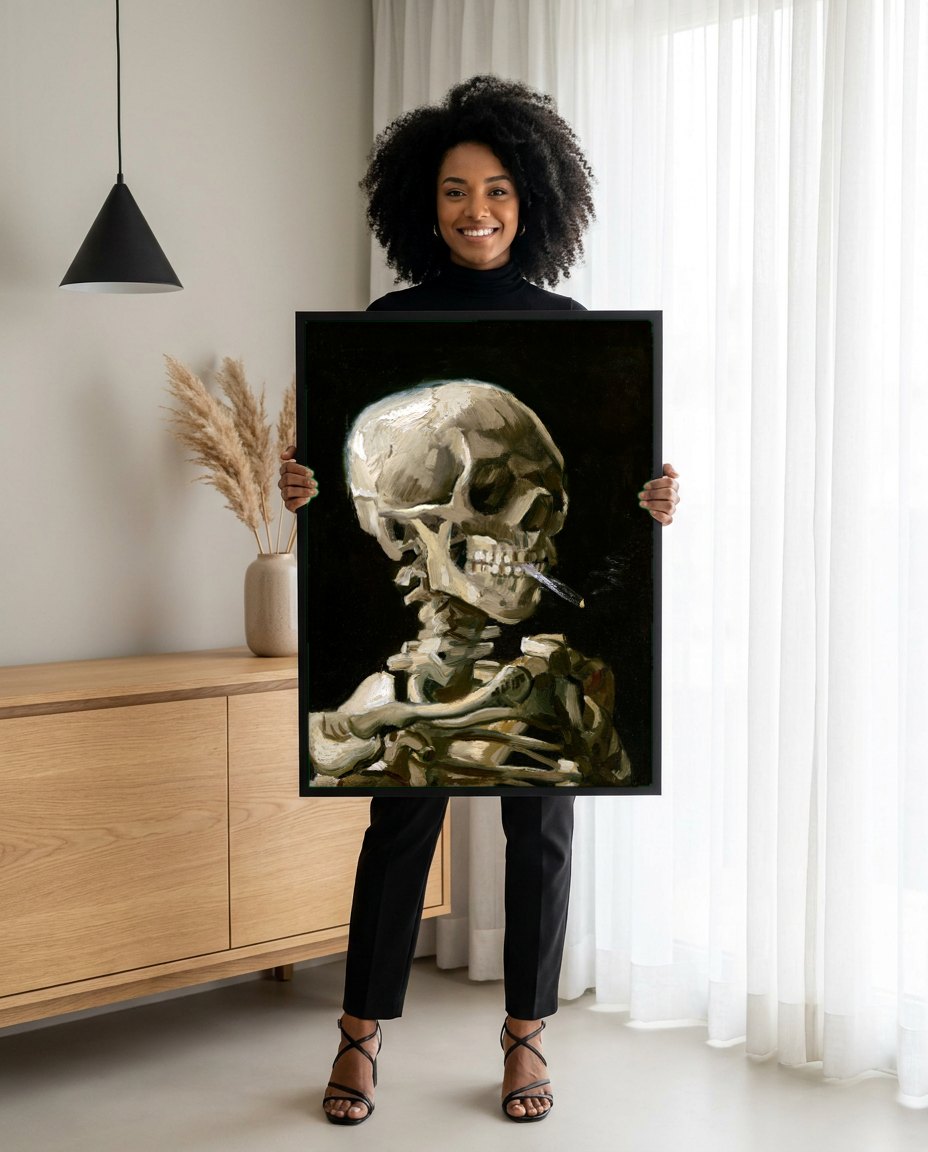 Quadro Decorativo Crânio Fumando - Van Gogh | modelo apresentando o quadro emoldurado