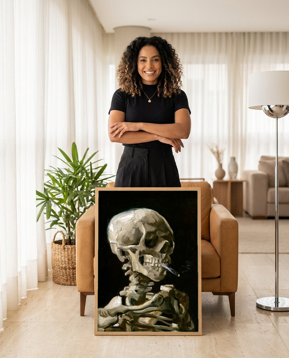 Quadro Decorativo Crânio Fumando - Van Gogh | modelo apresentando o quadro emoldurado