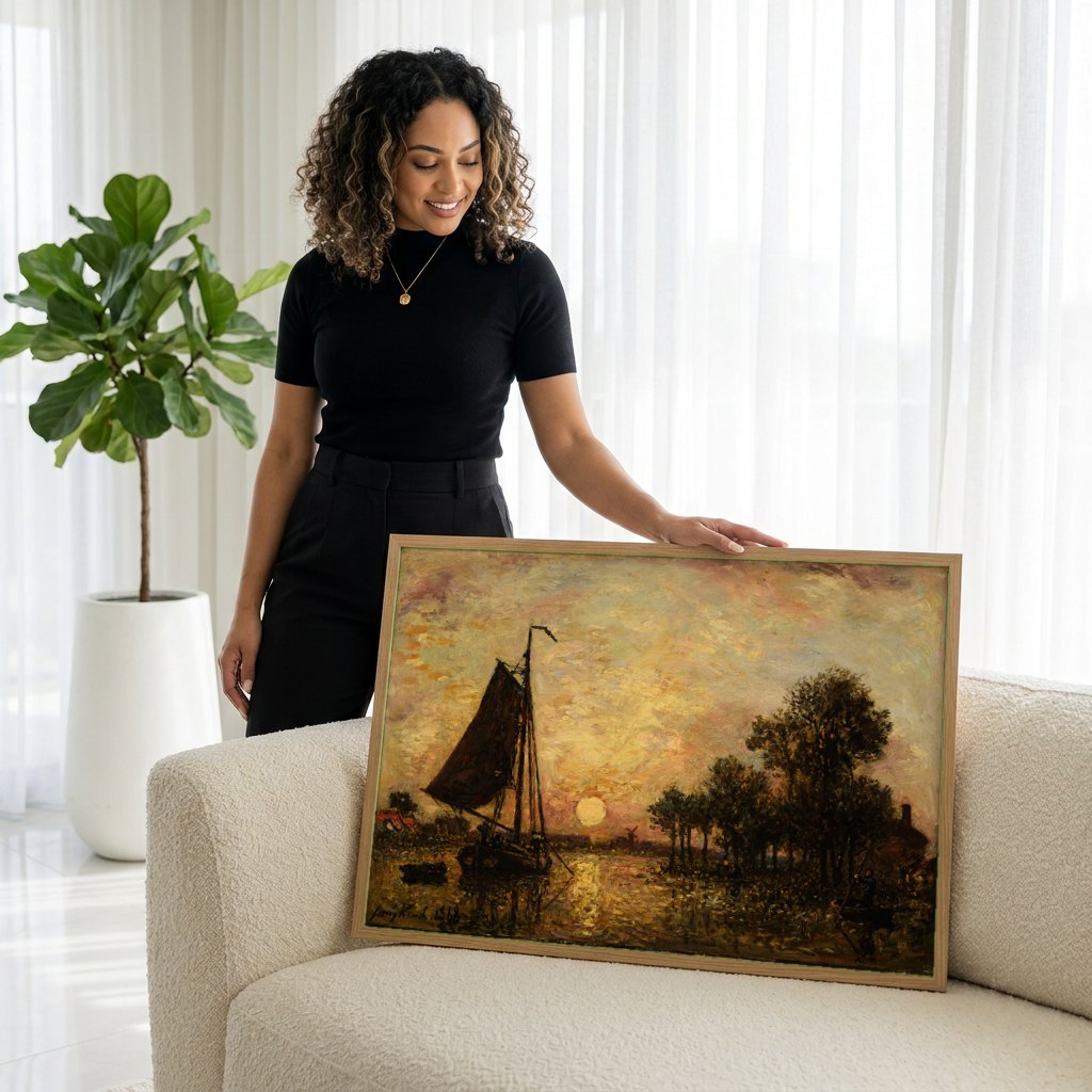 Quadro Decorativo Pôr do Sol no Rio - Jongkind | modelo apresentando o quadro emoldurado