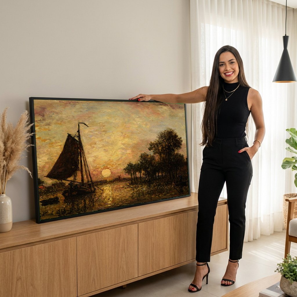 Quadro Decorativo Pôr do Sol no Rio - Jongkind | modelo apresentando o quadro emoldurado