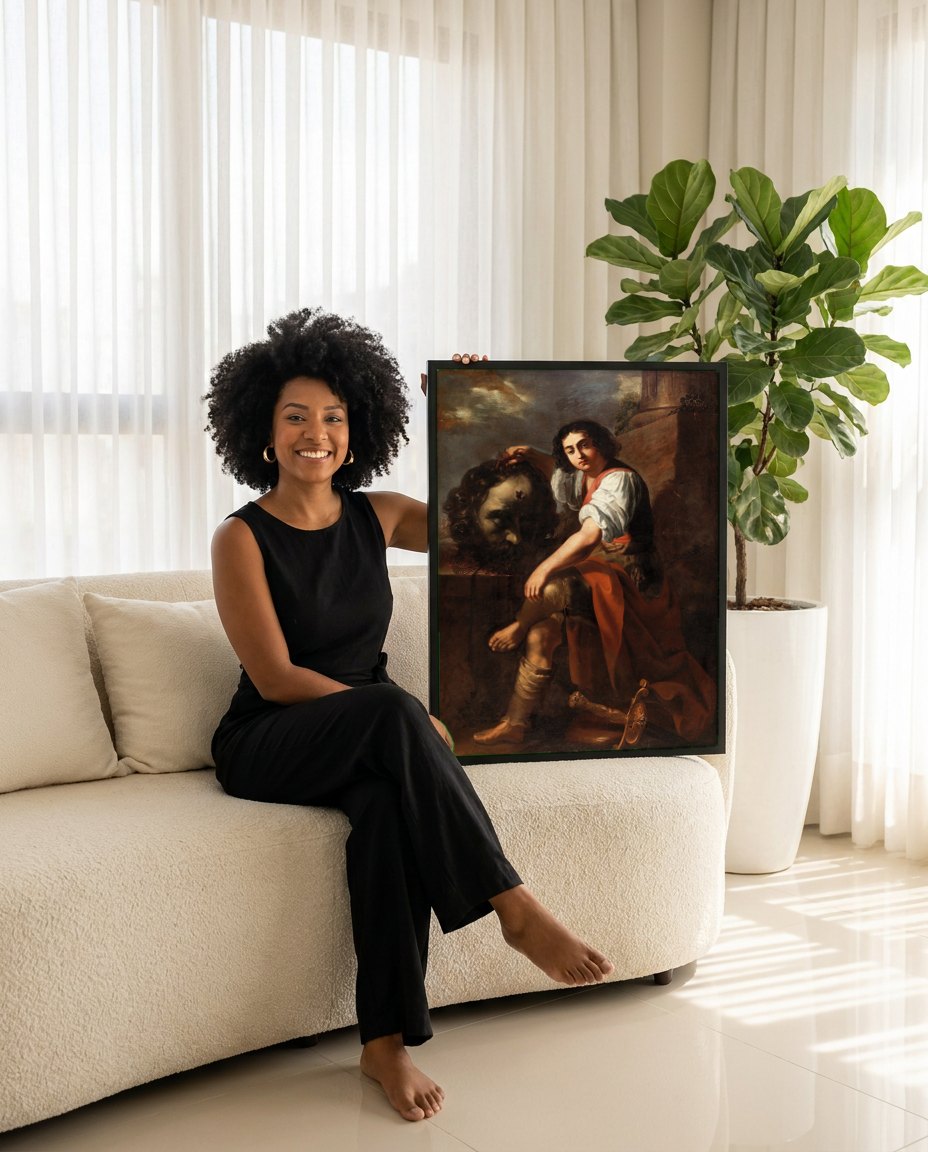 Quadro Decorativo Davi com a Cabeça de Golias - Artemisia Gentileschi | modelo apresentando o quadro emoldurado