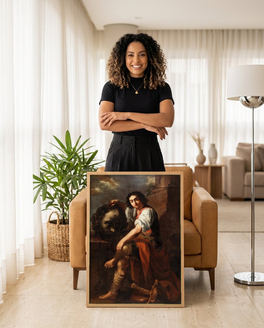 Quadro Decorativo Davi com a Cabeça de Golias - Artemisia Gentileschi | modelo apresentando o quadro emoldurado