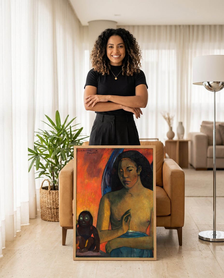 Quadro Decorativo Poèmes Barbares - Paul Gauguin | modelo apresentando o quadro emoldurado