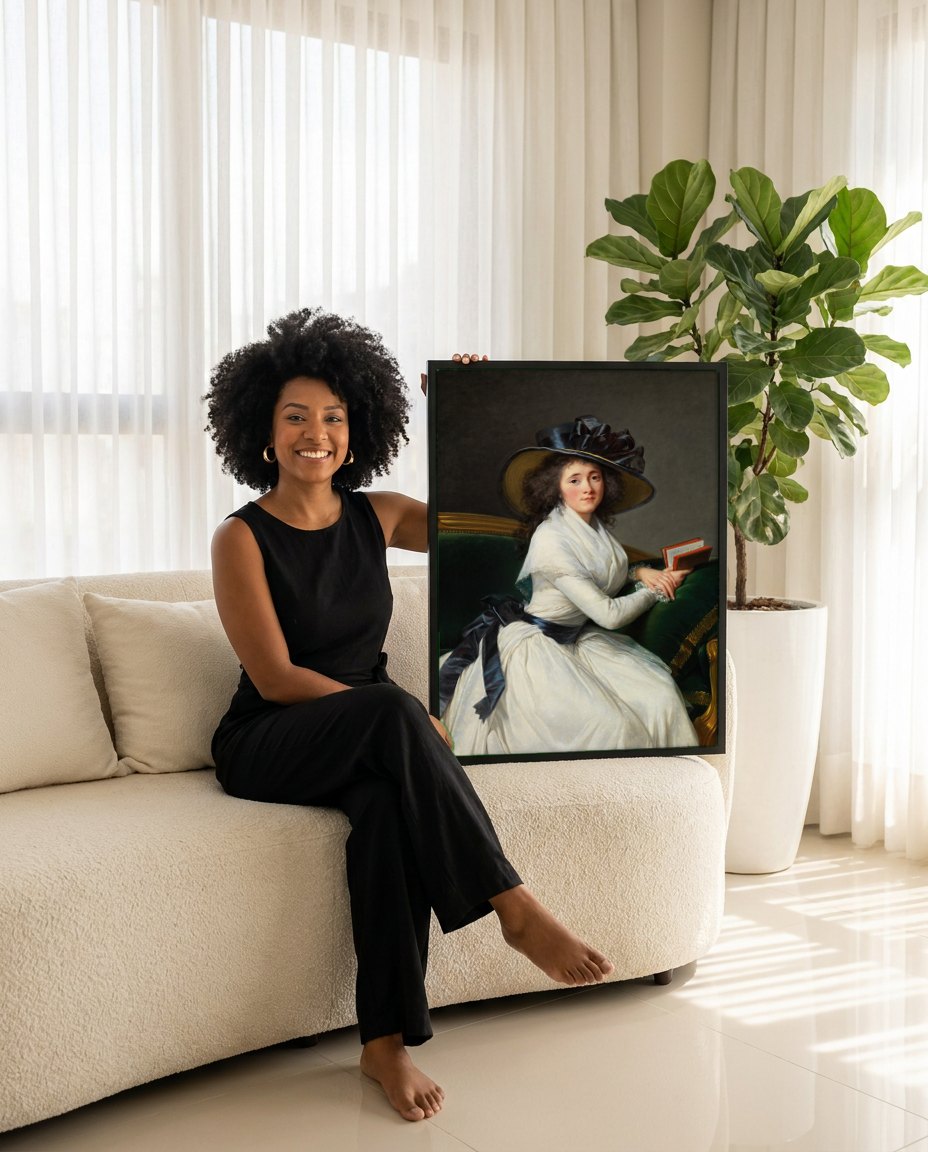 Quadro Decorativo Senhora com Chapéu - Vigée Le Brun | modelo apresentando o quadro emoldurado
