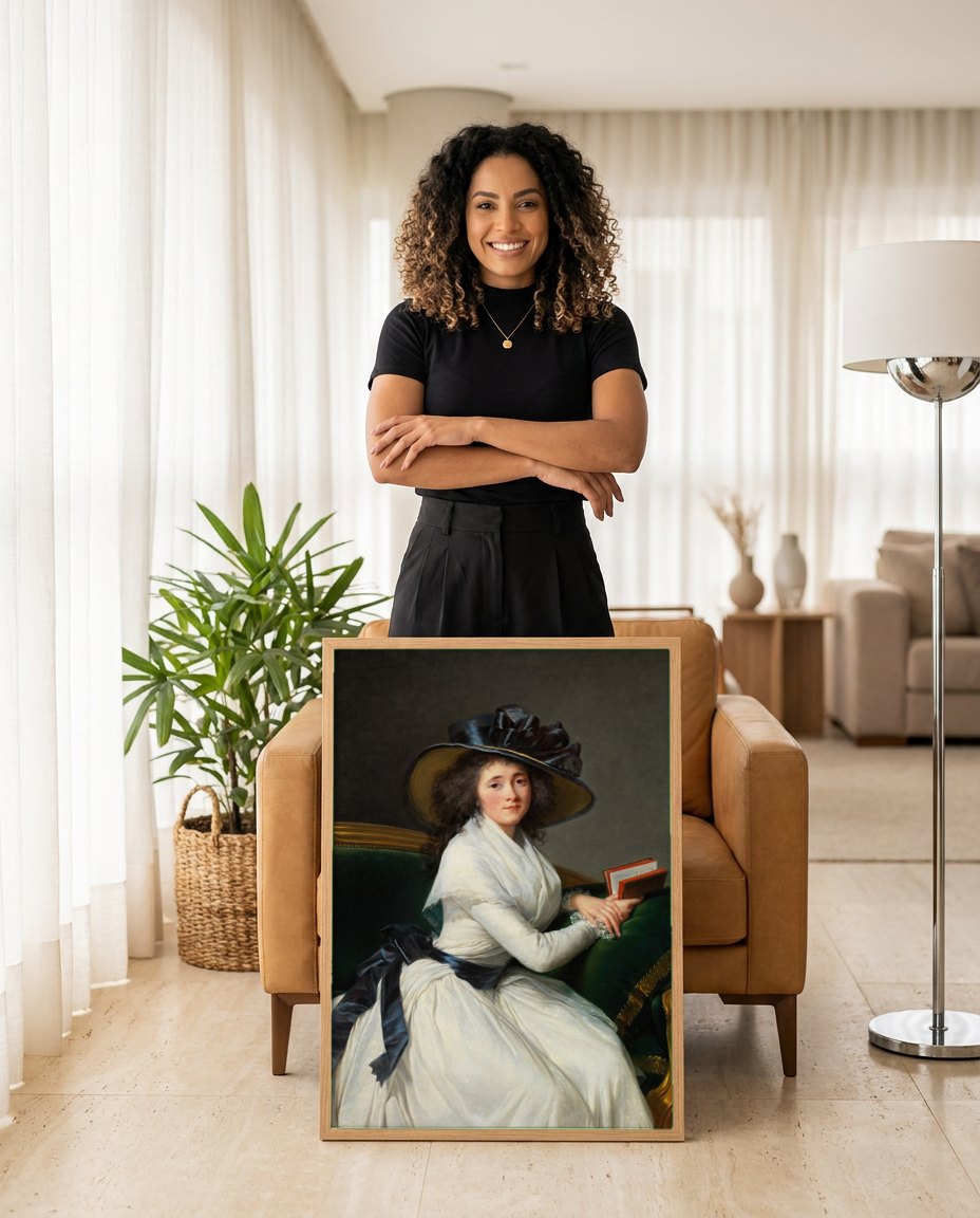 Quadro Decorativo Senhora com Chapéu - Vigée Le Brun | modelo apresentando o quadro emoldurado