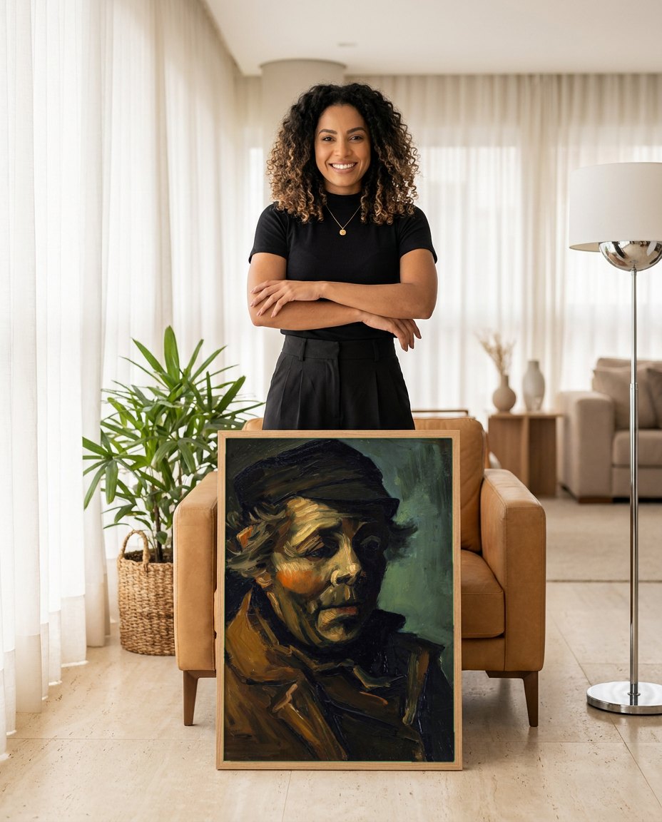 Quadro Decorativo Homem com Boné - Van Gogh | modelo apresentando o quadro emoldurado