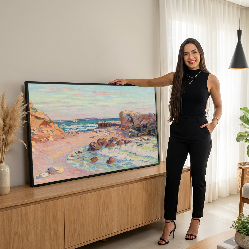 Quadro Decorativo Praia Rochosa - Armand Guillaumin | modelo apresentando o quadro emoldurado