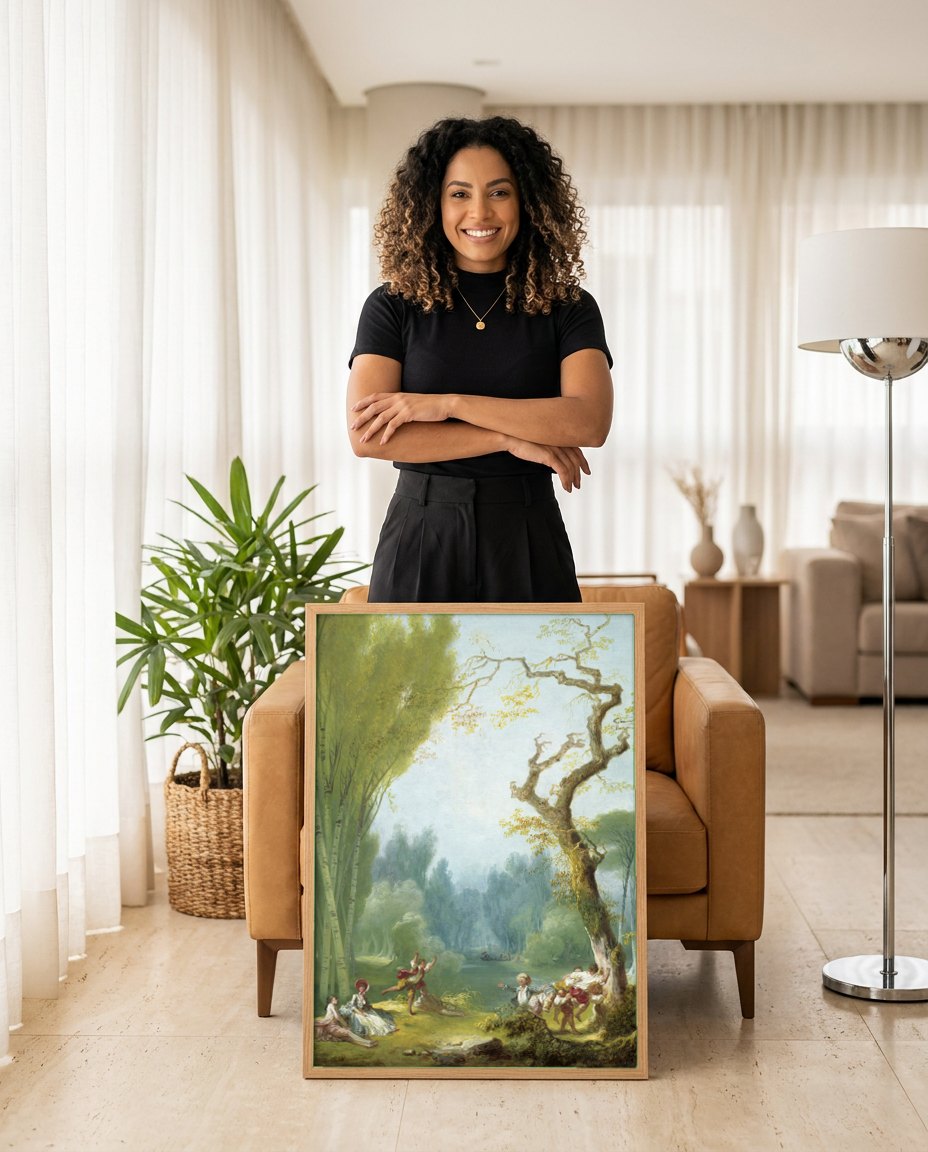 Quadro Decorativo A Festa no Parque - Fragonard | modelo apresentando o quadro emoldurado