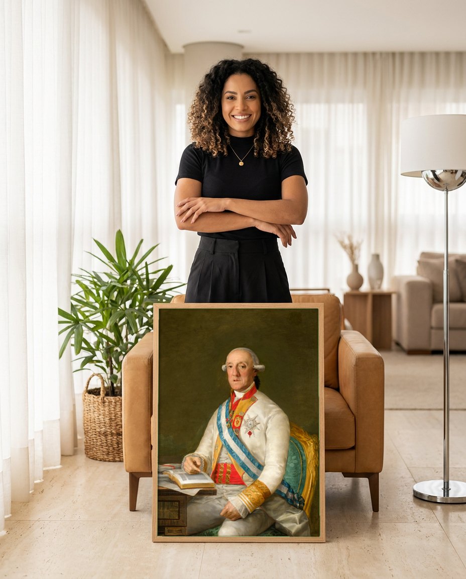 Quadro Decorativo Retrato de Carlos IV - Goya | modelo apresentando o quadro emoldurado
