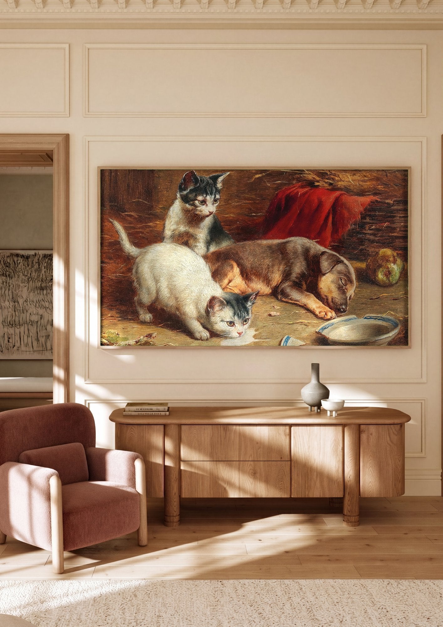 Quadro Decorativo Cenas de Gênero com Gatinhos e Cão - Carl Reichert em ambiente decorado