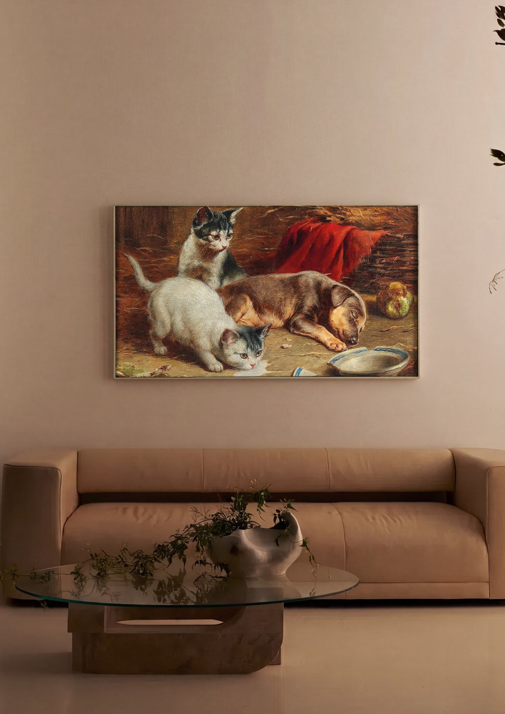 Quadro Decorativo Cenas de Gênero com Gatinhos e Cão - Carl Reichert em ambiente decorado