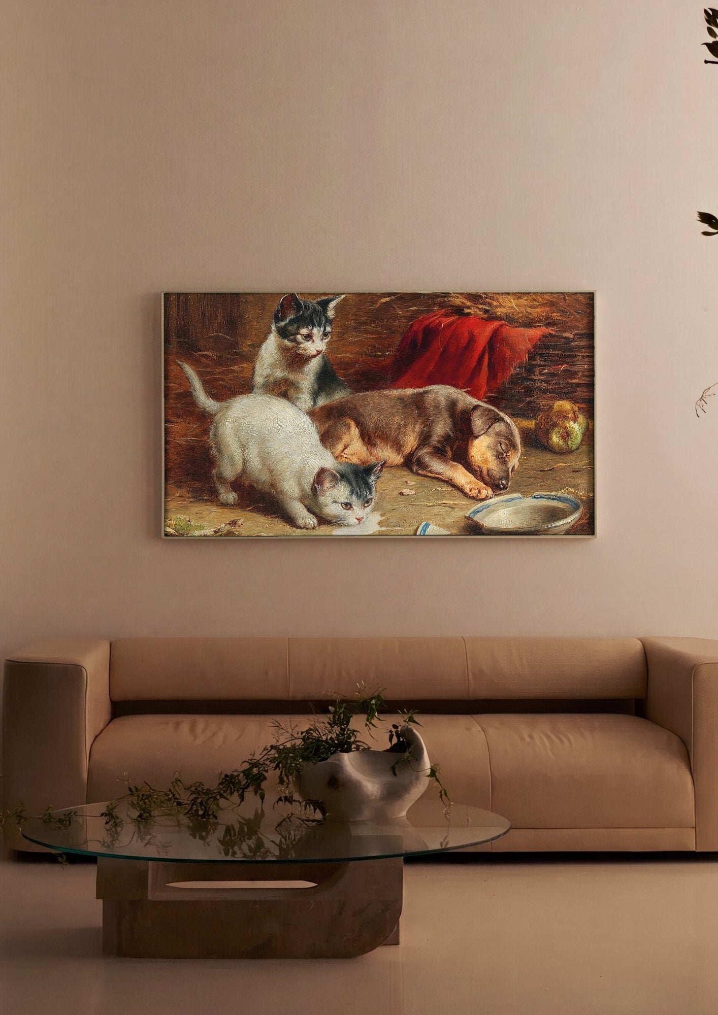 Quadro Decorativo Cenas de Gênero com Gatinhos e Cão - Carl Reichert em ambiente decorado