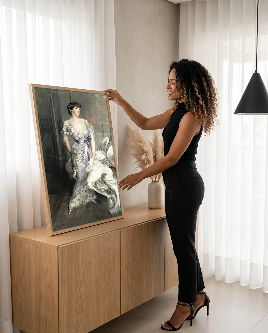 Quadro Decorativo Retrato de Dama Elegante - Boldini com modelo em ambiente