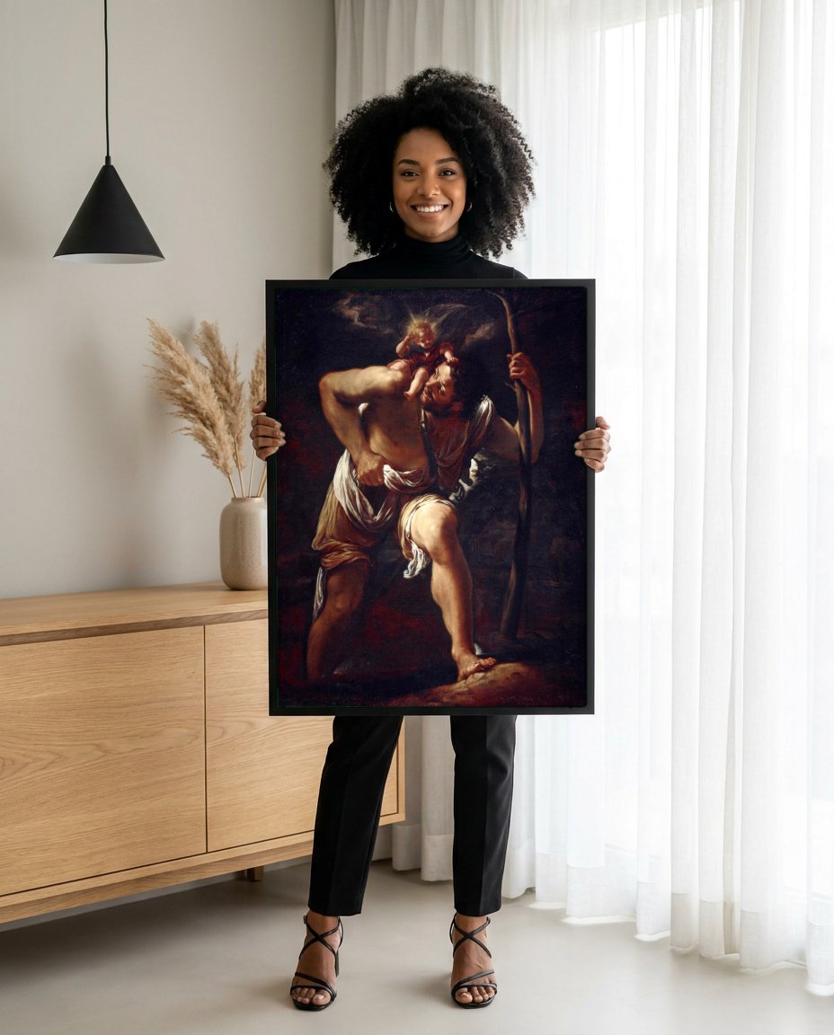 Quadro Decorativo São Cristóvão Carregando o Menino Jesus - Borgianni com modelo em ambiente