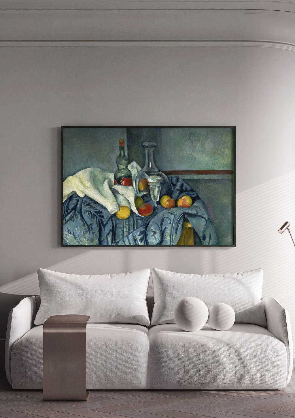 Quadro Decorativo Natureza-morta com Garrafa e Frutas - Cézanne em ambiente decorado