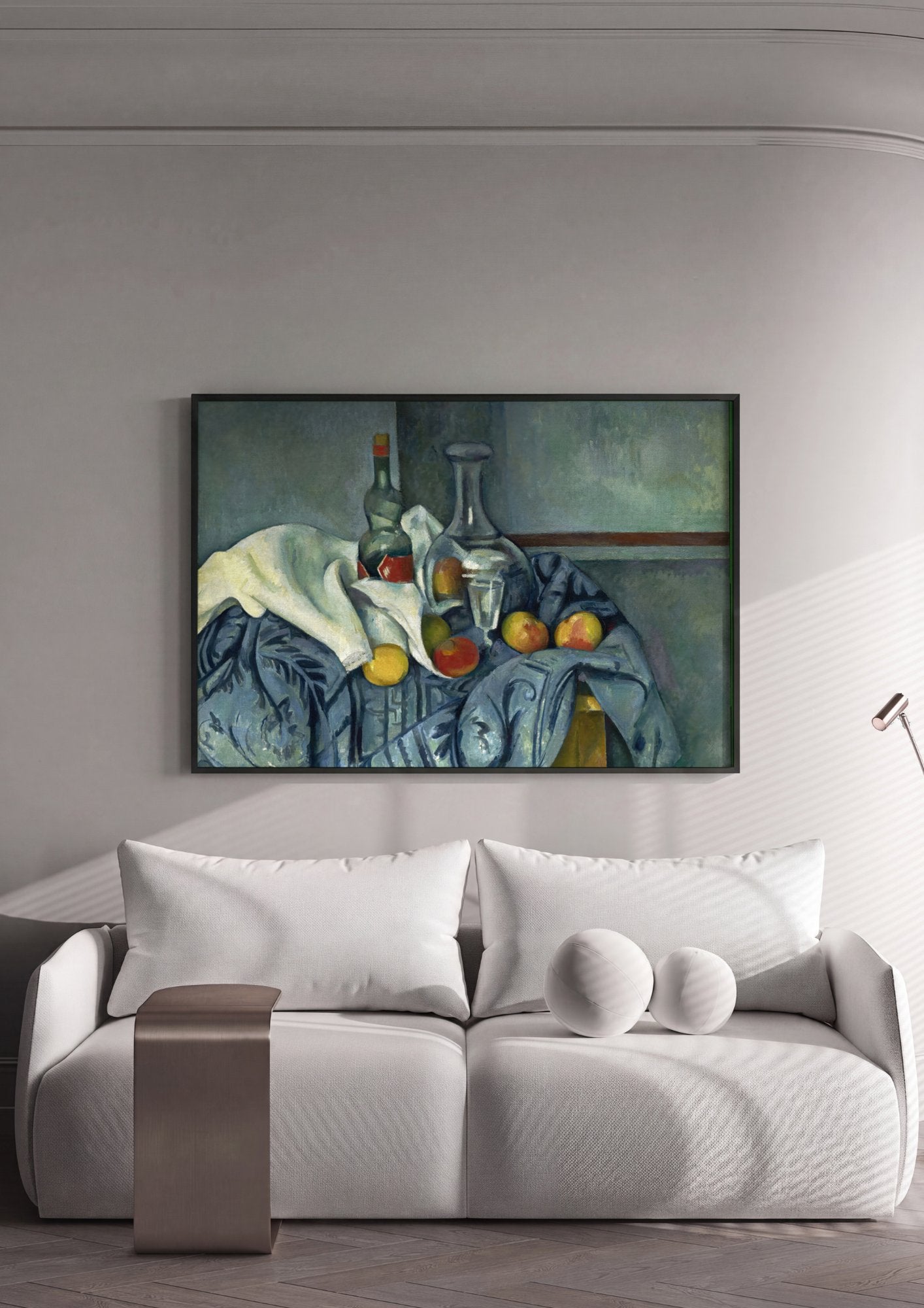 Quadro Decorativo Natureza-morta com Garrafa e Frutas - Cézanne em ambiente decorado