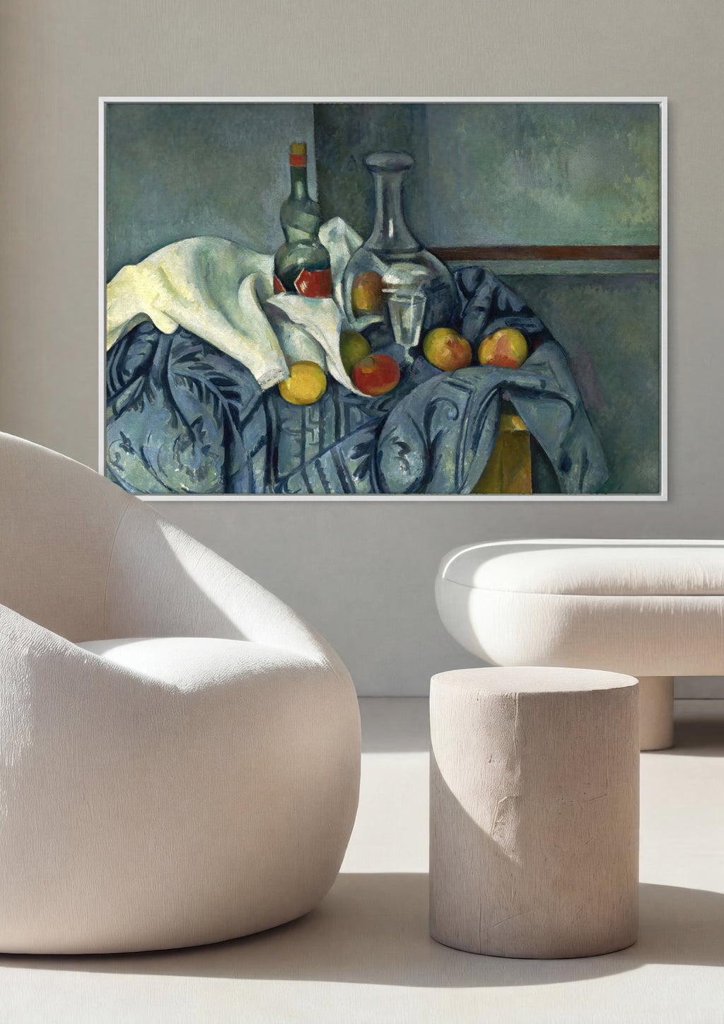 Quadro Decorativo Natureza-morta com Garrafa e Frutas - Cézanne em ambiente decorado