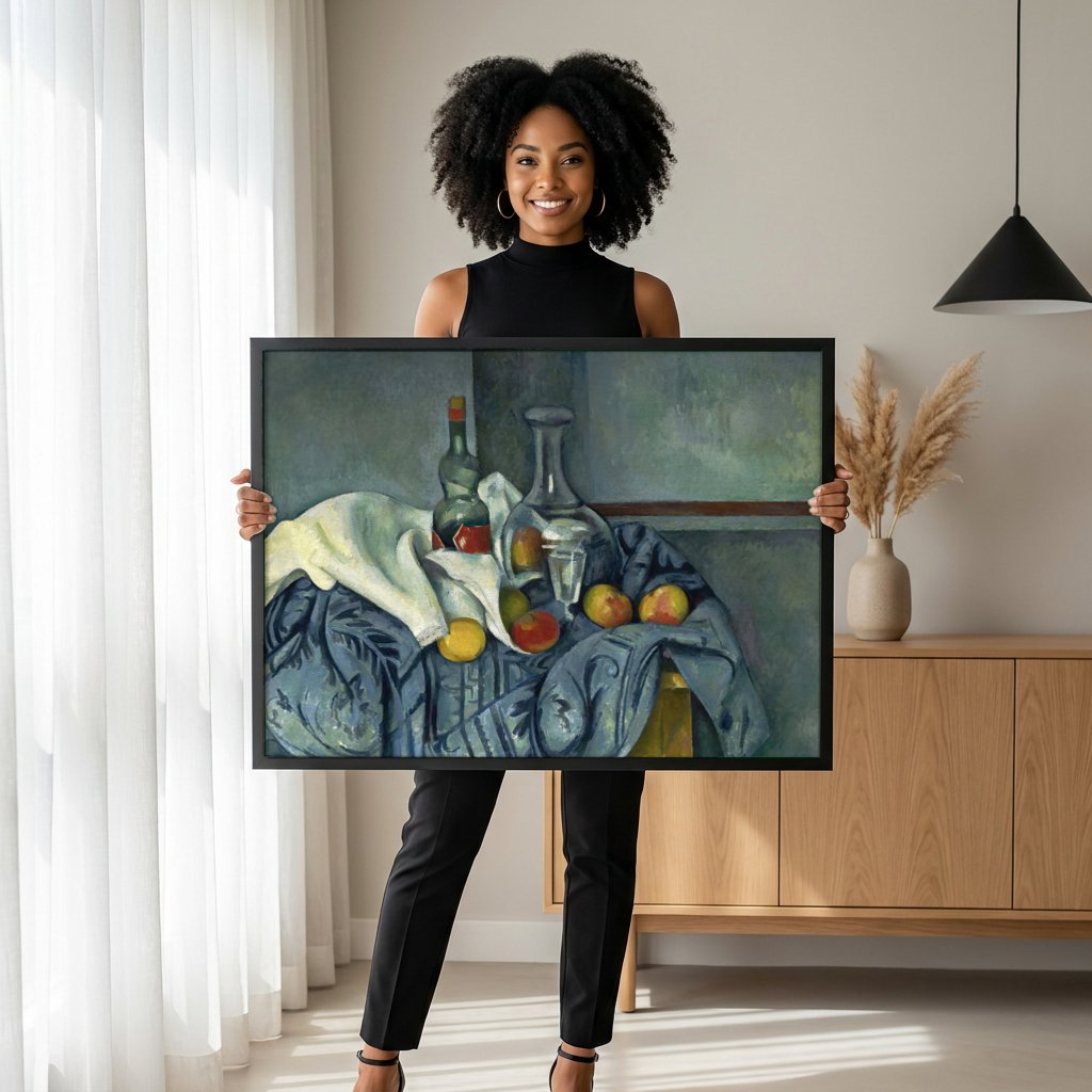 Quadro Decorativo Natureza-morta com Garrafa e Frutas - Cézanne com modelo em ambiente