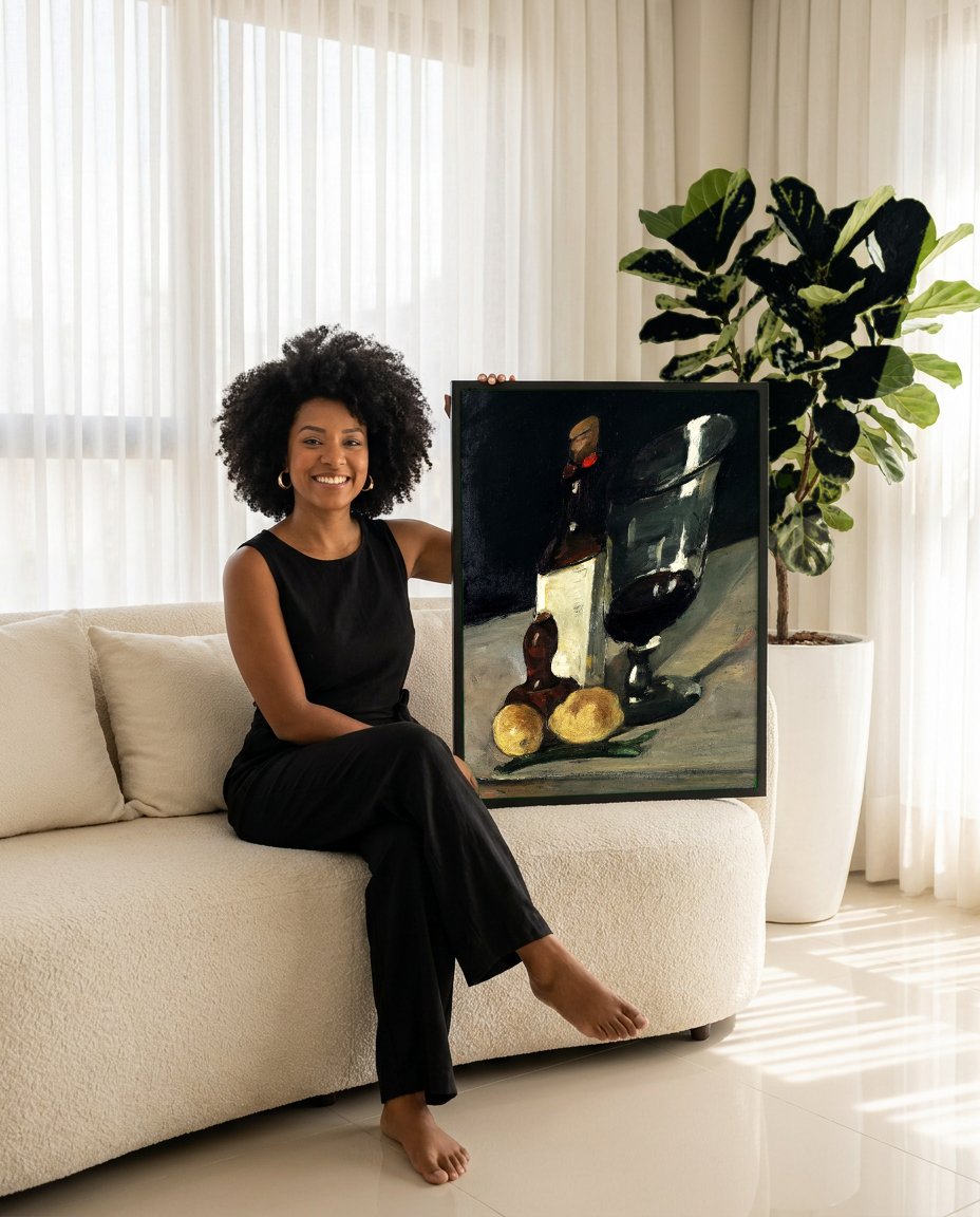 Quadro Decorativo Natureza-Morta com Garrafa e Limões - Paul Cézanne com modelo em ambiente
