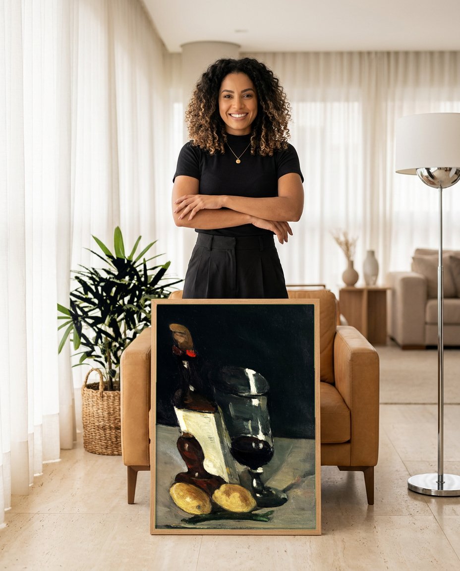 Quadro Decorativo Natureza-Morta com Garrafa e Limões - Paul Cézanne com modelo em ambiente