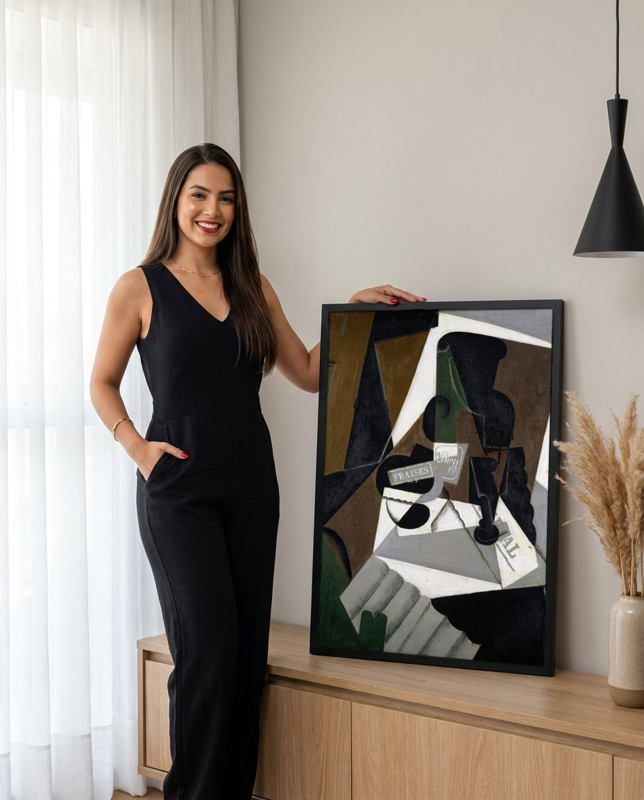 Quadro Decorativo Natureza Morta com Garrafa - Juan Gris com modelo em ambiente