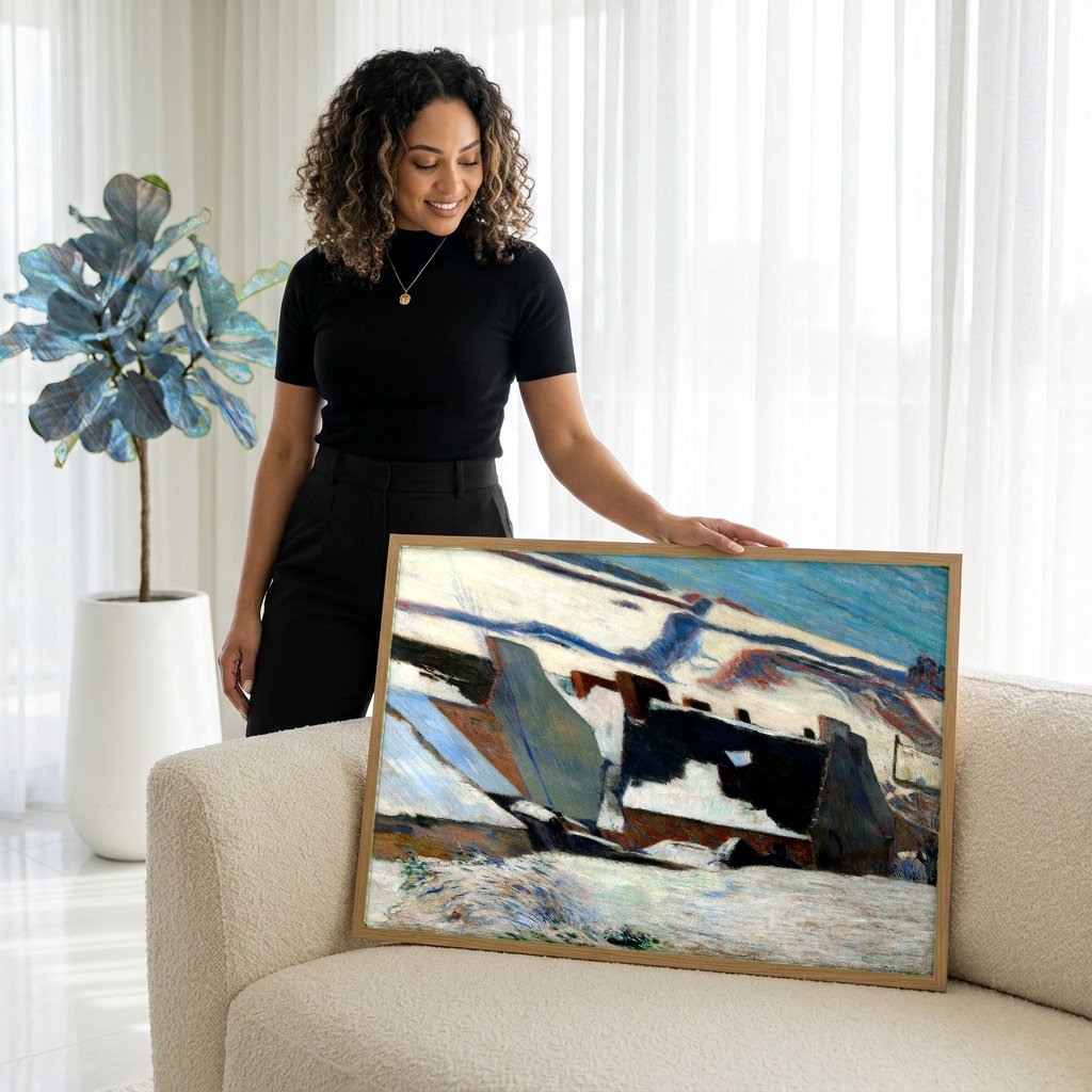Quadro Decorativo Casas na Neve - Paul Gauguin com modelo em ambiente