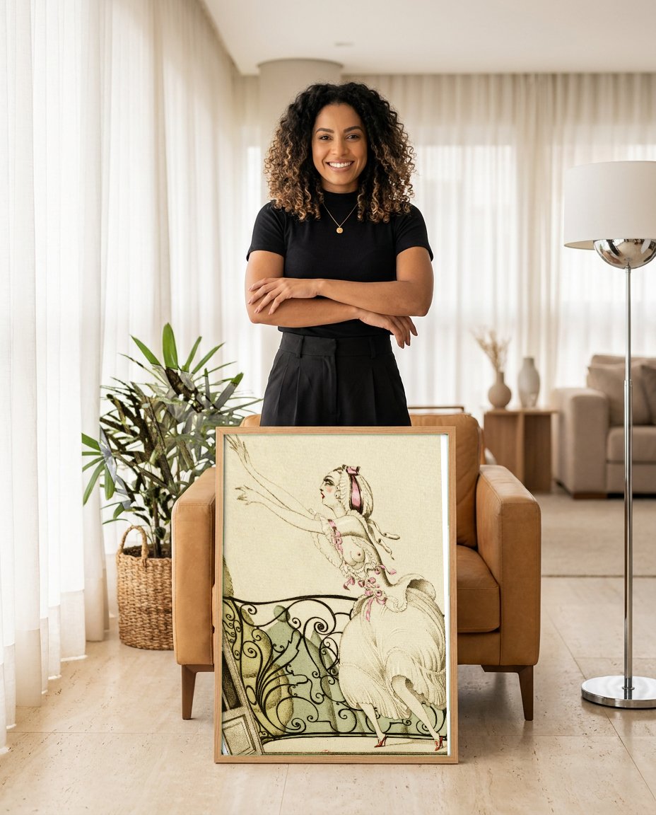 Quadro Decorativo La Fuite du Papajou - Gerda Wegener com modelo em ambiente