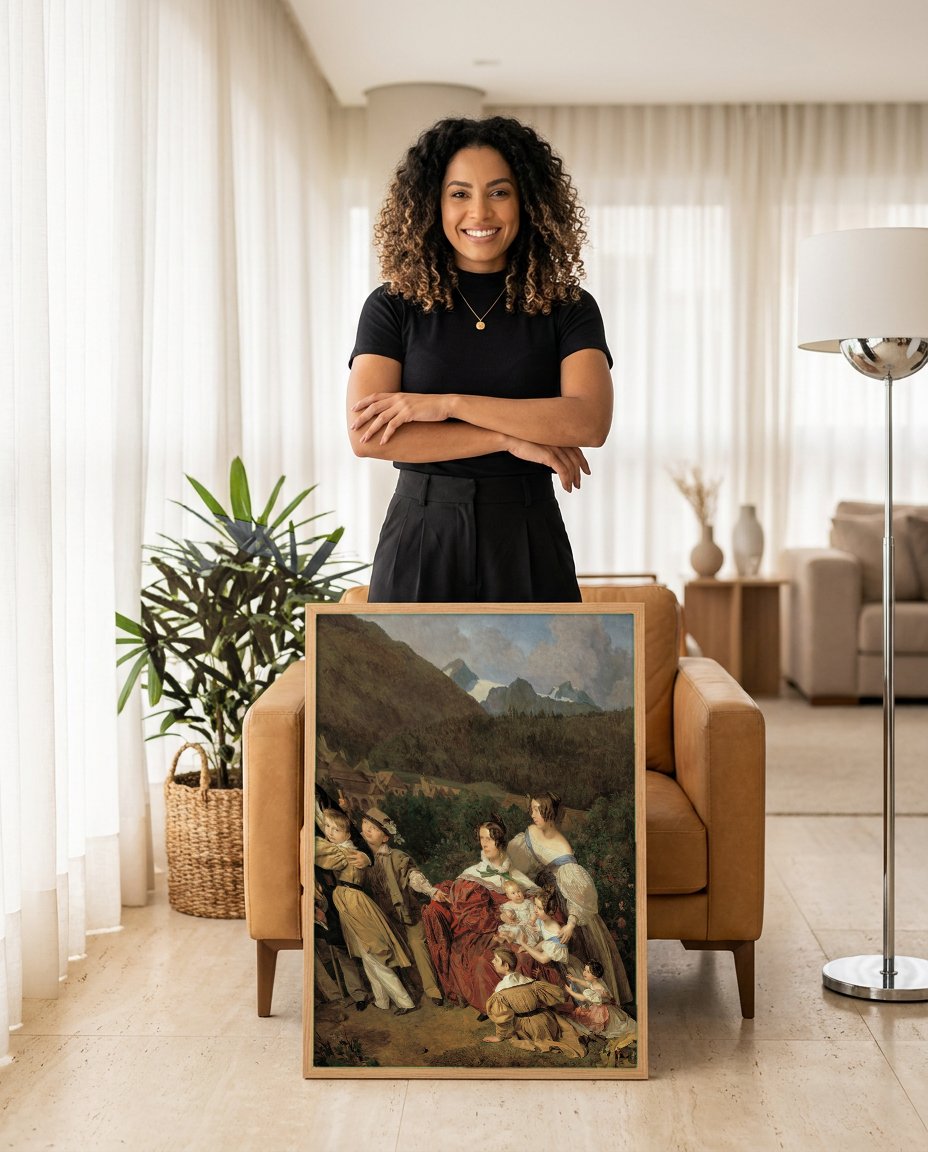 Quadro Decorativo A Família – Ferdinand Georg Waldmüller com modelo em ambiente