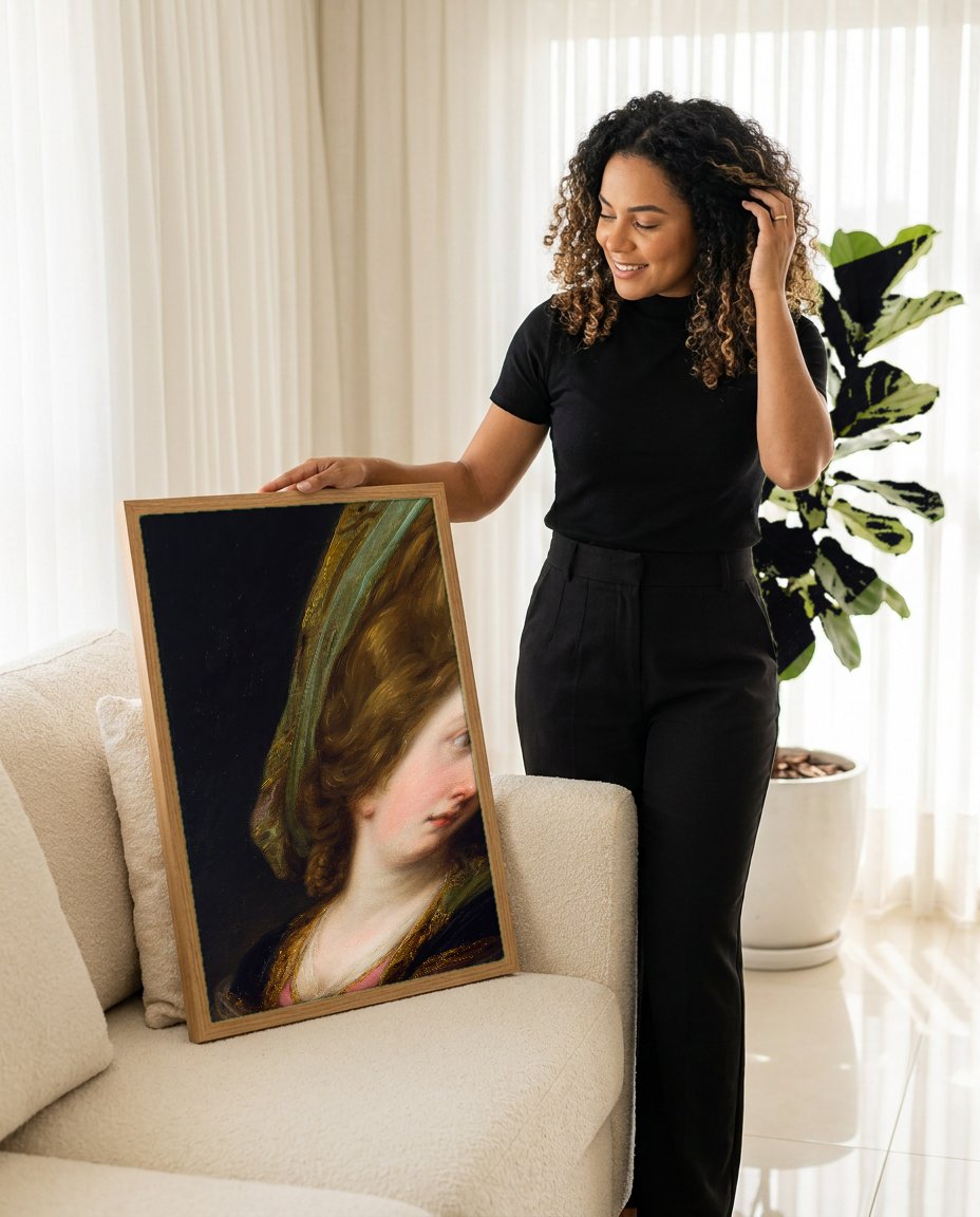 Quadro Decorativo Retrato Feminino - Angelica Kauffmann com modelo em ambiente