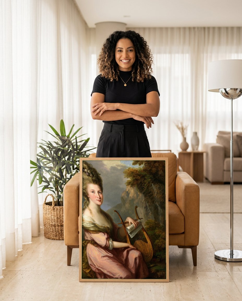 Quadro Decorativo Retrato com Lira - Angelica Kauffmann com modelo em ambiente