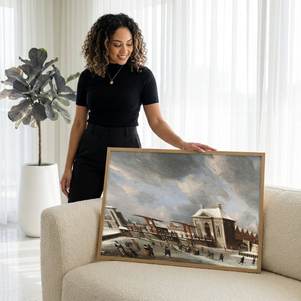 Quadro Decorativo Cena de Inverno no Gelo - Jan Abrahamsz Beerstraaten com modelo em ambiente