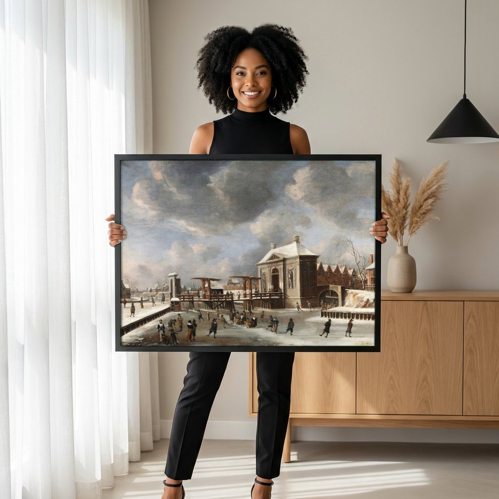 Quadro Decorativo Cena de Inverno no Gelo - Jan Abrahamsz Beerstraaten com modelo em ambiente