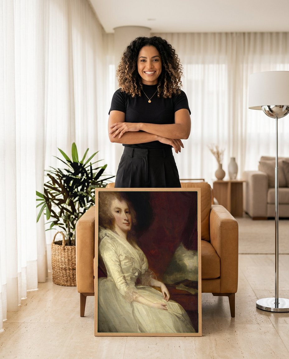 Quadro Decorativo Senhora com Chapéu - George Romney com modelo em ambiente