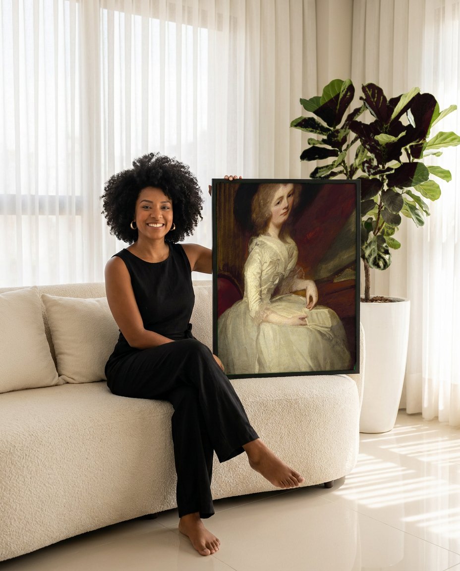 Quadro Decorativo Senhora com Chapéu - George Romney com modelo em ambiente
