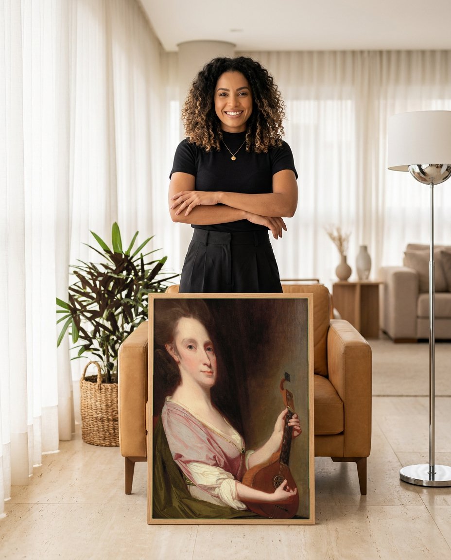 Quadro Decorativo Senhora com Alaúde - George Romney com modelo em ambiente