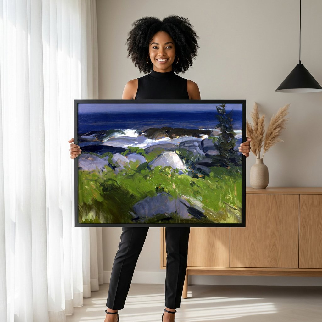 Quadro Decorativo Penhascos de Maine - George Bellows com modelo em ambiente