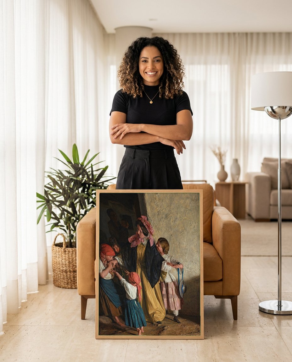 Quadro Decorativo A Visita - Ferdinand Georg Waldmüller com modelo em ambiente