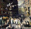 Quadro decorativo colorido de George Bellows, Cliff Dwellers, mostrando uma rua movimentada de Nova York com pessoas nas calçadas e em prédios, roupas secando nas janelas, em estilo realista