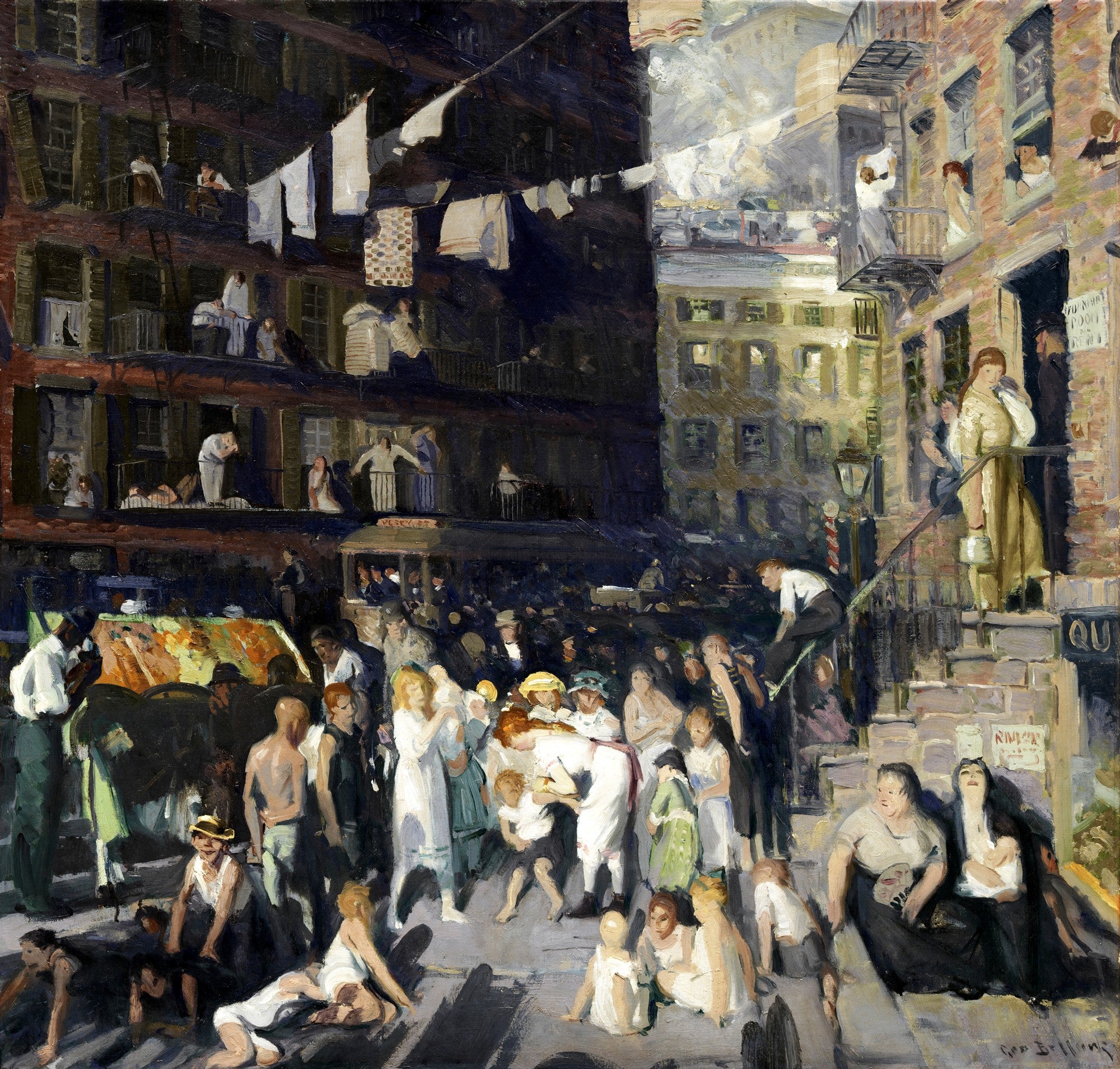 Quadro decorativo colorido de George Bellows, Cliff Dwellers, mostrando uma rua movimentada de Nova York com pessoas nas calçadas e em prédios, roupas secando nas janelas, em estilo realista